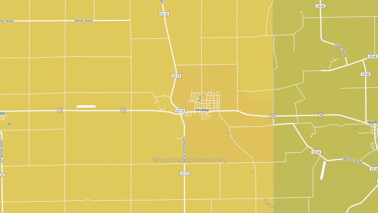 Map of the best neighborhoods in the Hinckley area, with better matches in green and worse matches in red
