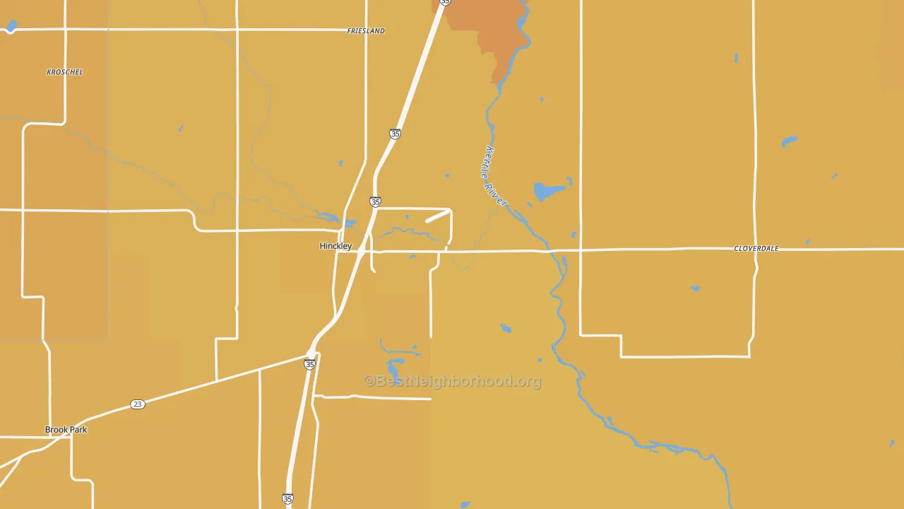 Map of the best neighborhoods in the Hinckley area, with better matches in green and worse matches in red