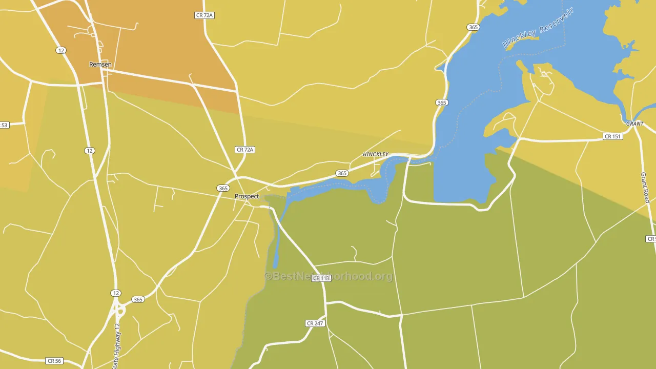 Map of the best neighborhoods in the Hinckley area, with better matches in green and worse matches in red
