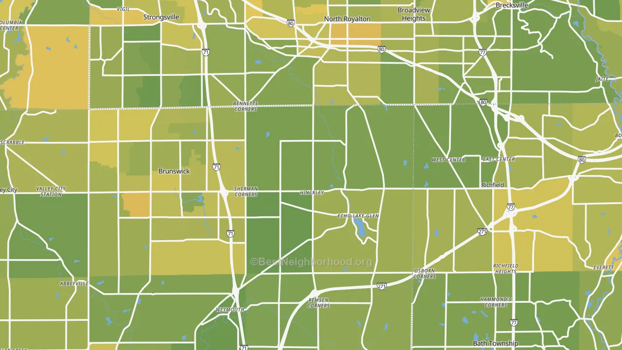 Map of the best neighborhoods in the Hinckley area, with better matches in green and worse matches in red