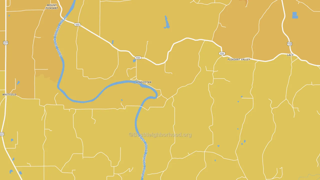 Map of the best neighborhoods in the Hindostan Falls area, with better matches in green and worse matches in red