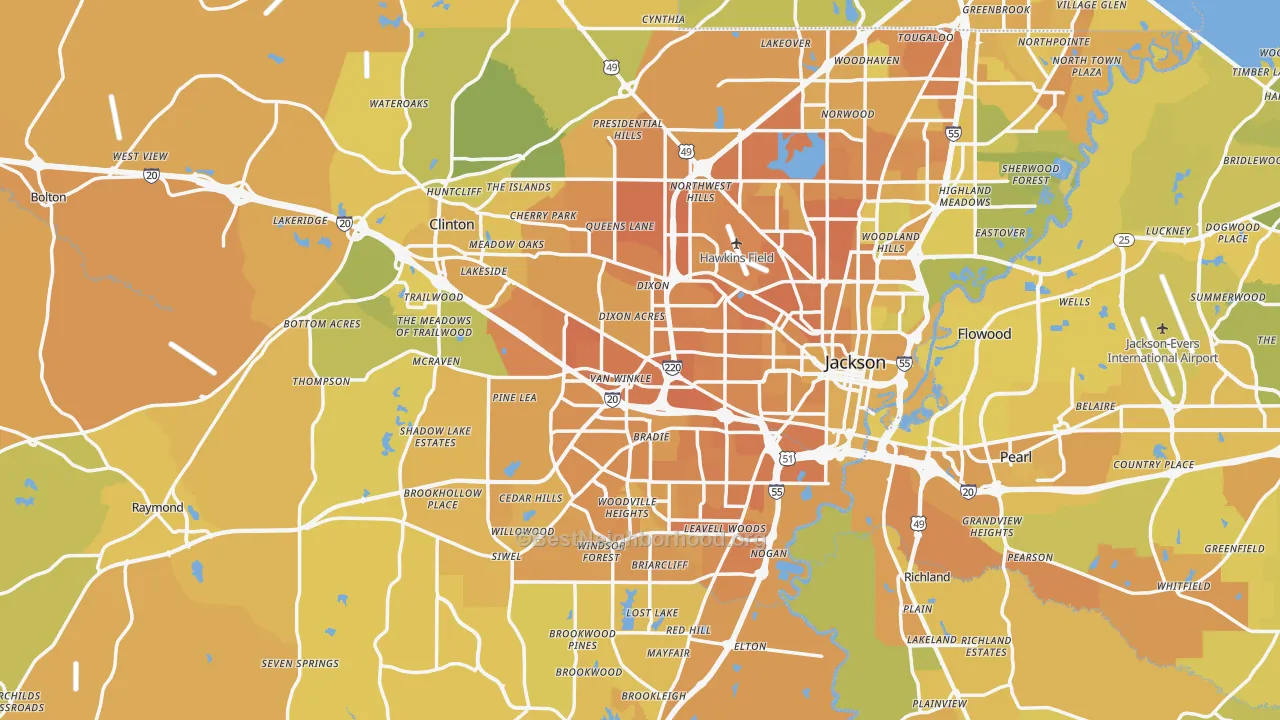 Map of the best neighborhoods in the Hinds County area, with better matches in green and worse matches in red