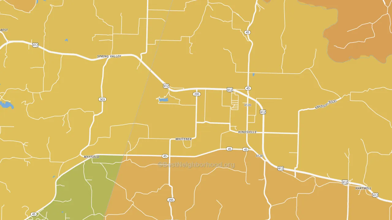 Map of the best neighborhoods in the Hindsville area, with better matches in green and worse matches in red