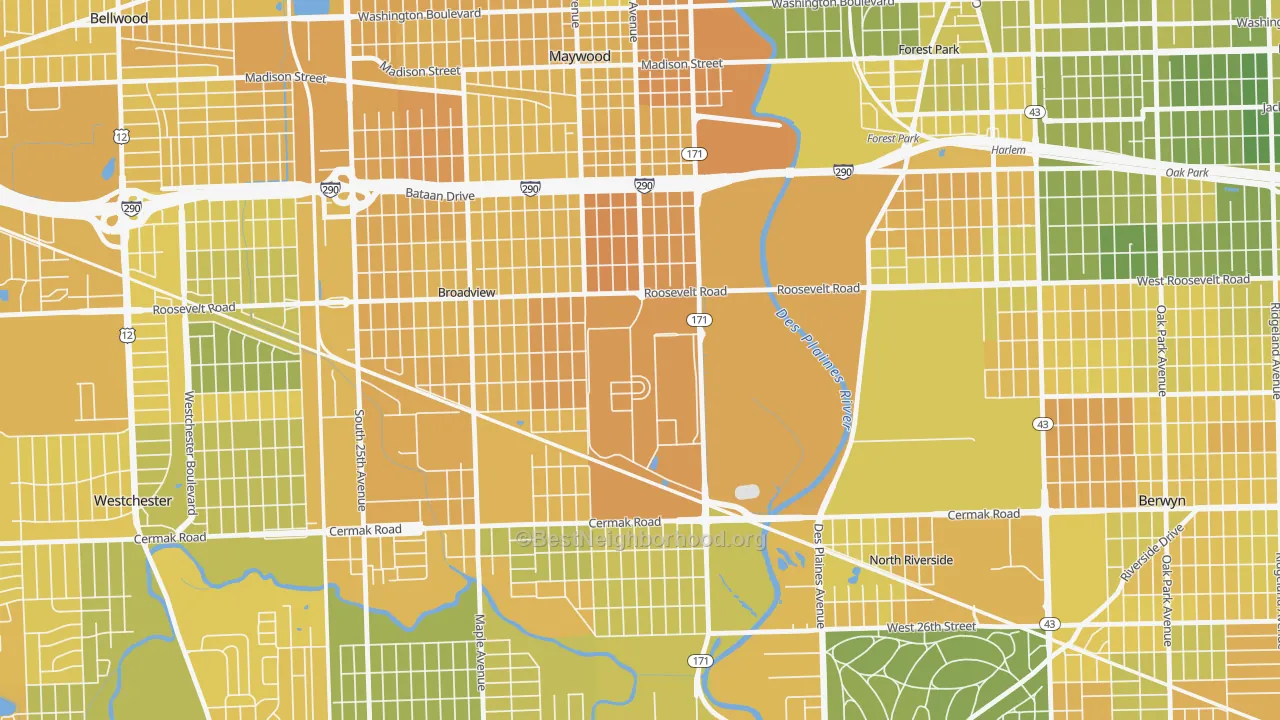 Map of the best neighborhoods in the Hines area, with better matches in green and worse matches in red