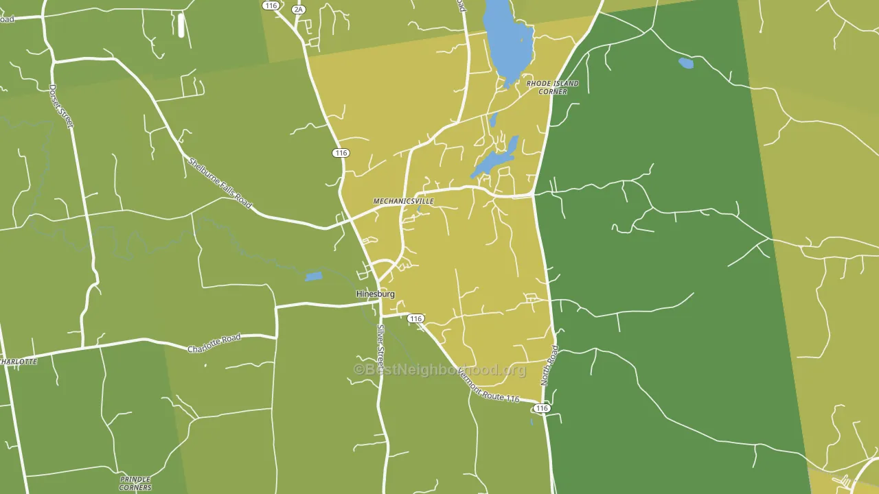 Map of the best neighborhoods in the Hinesburg area, with better matches in green and worse matches in red