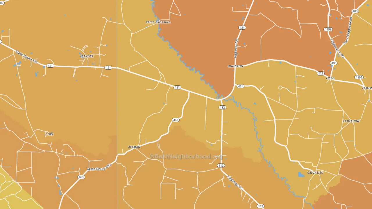 Map of the best neighborhoods in the Hineston area, with better matches in green and worse matches in red