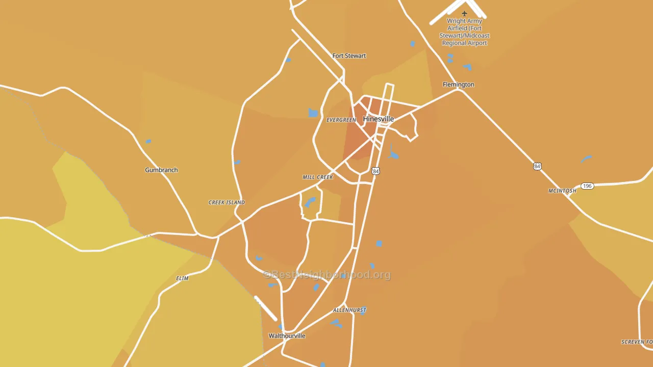 Map of the best neighborhoods in the Hinesville Metro area, with better matches in green and worse matches in red