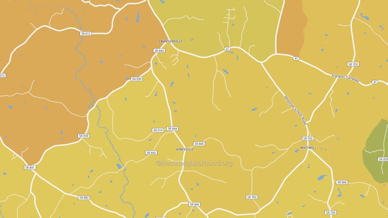 Map of the best neighborhoods in the Hinesville area, with better matches in green and worse matches in red