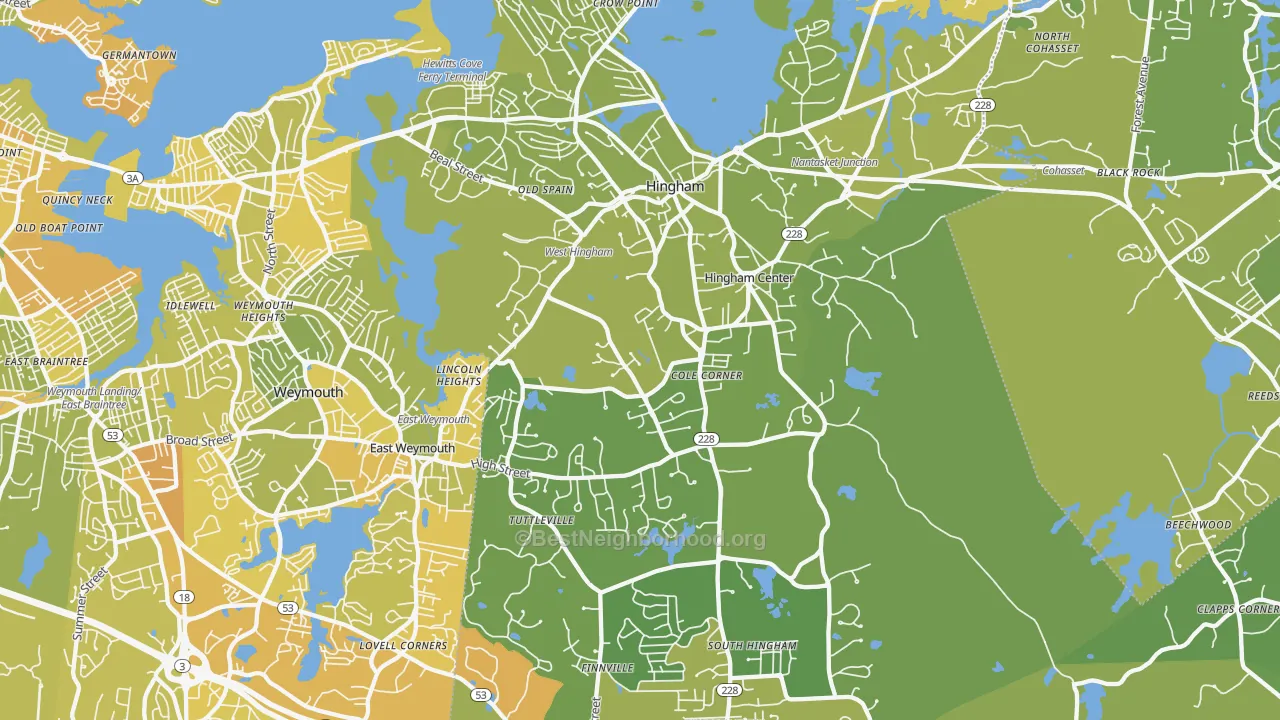 Map of the best neighborhoods in the Hingham area, with better matches in green and worse matches in red