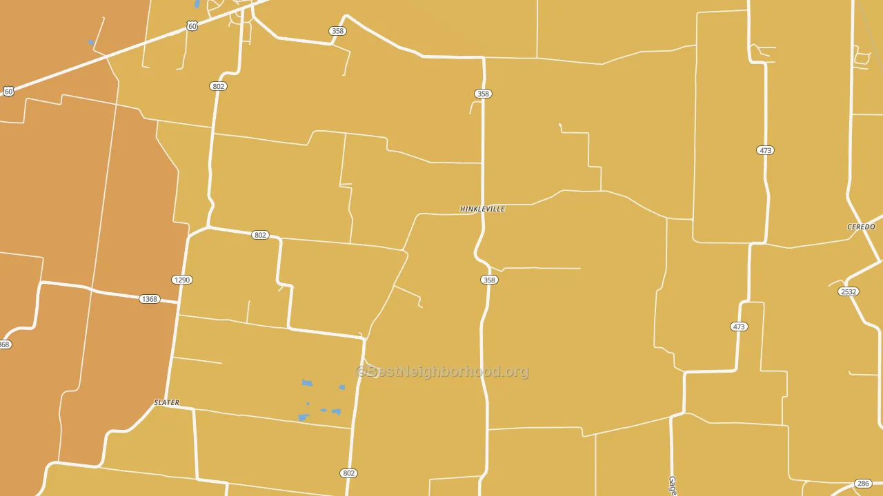 Map of the best neighborhoods in the Hinkleville area, with better matches in green and worse matches in red