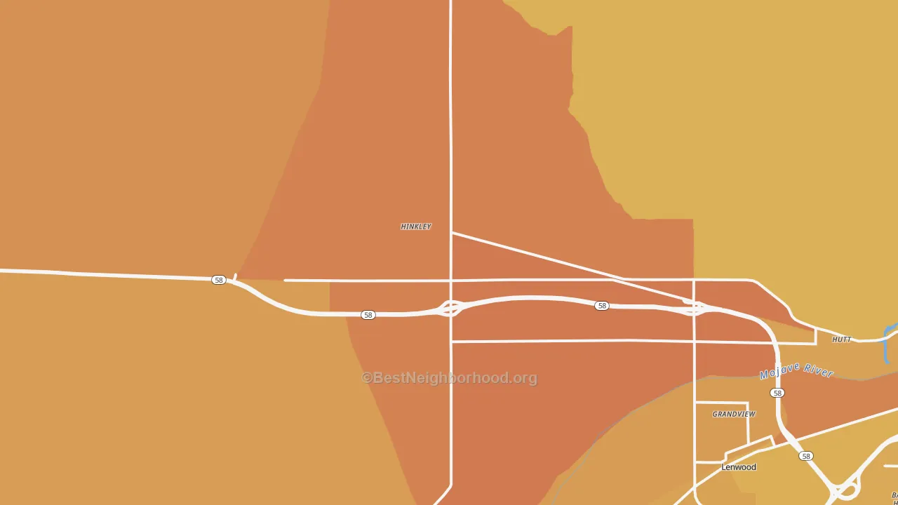 Map of the best neighborhoods in the Hinkley area, with better matches in green and worse matches in red