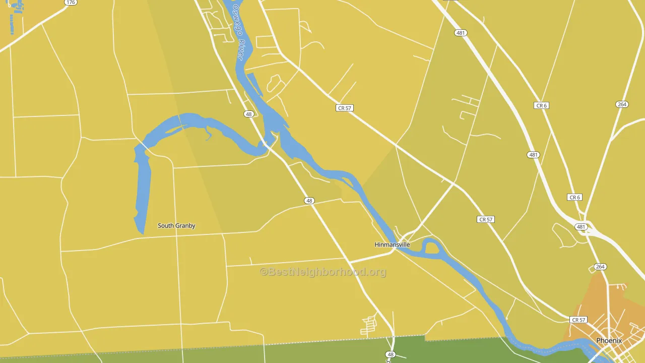 Map of the best neighborhoods in the Hinmansville area, with better matches in green and worse matches in red