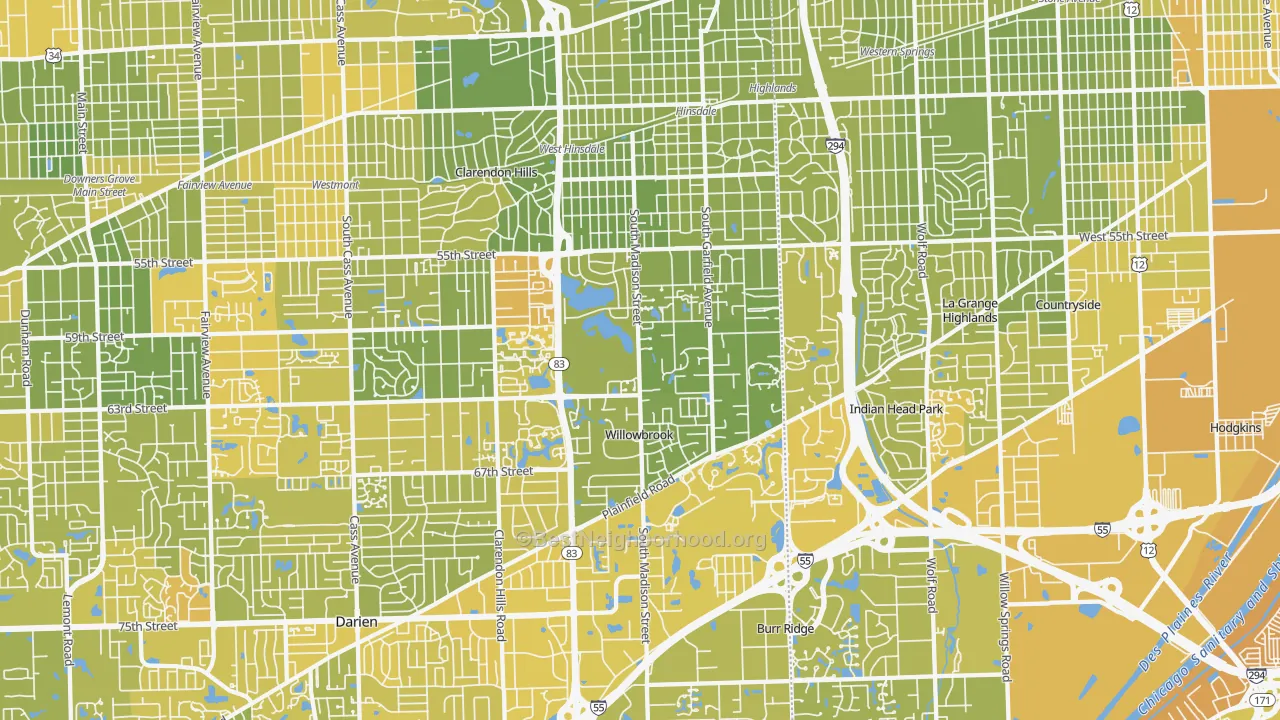 Map of the best neighborhoods in the Hinsdale area, with better matches in green and worse matches in red