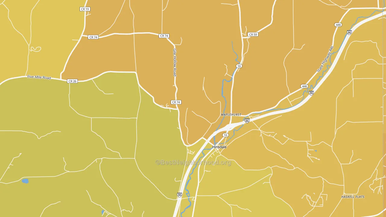 Map of the best neighborhoods in the Hinsdale area, with better matches in green and worse matches in red