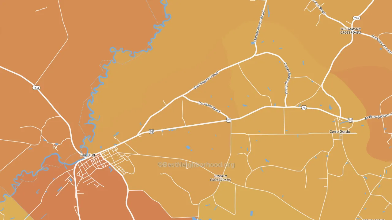Map of the best neighborhoods in the Hinson Crossroads area, with better matches in green and worse matches in red
