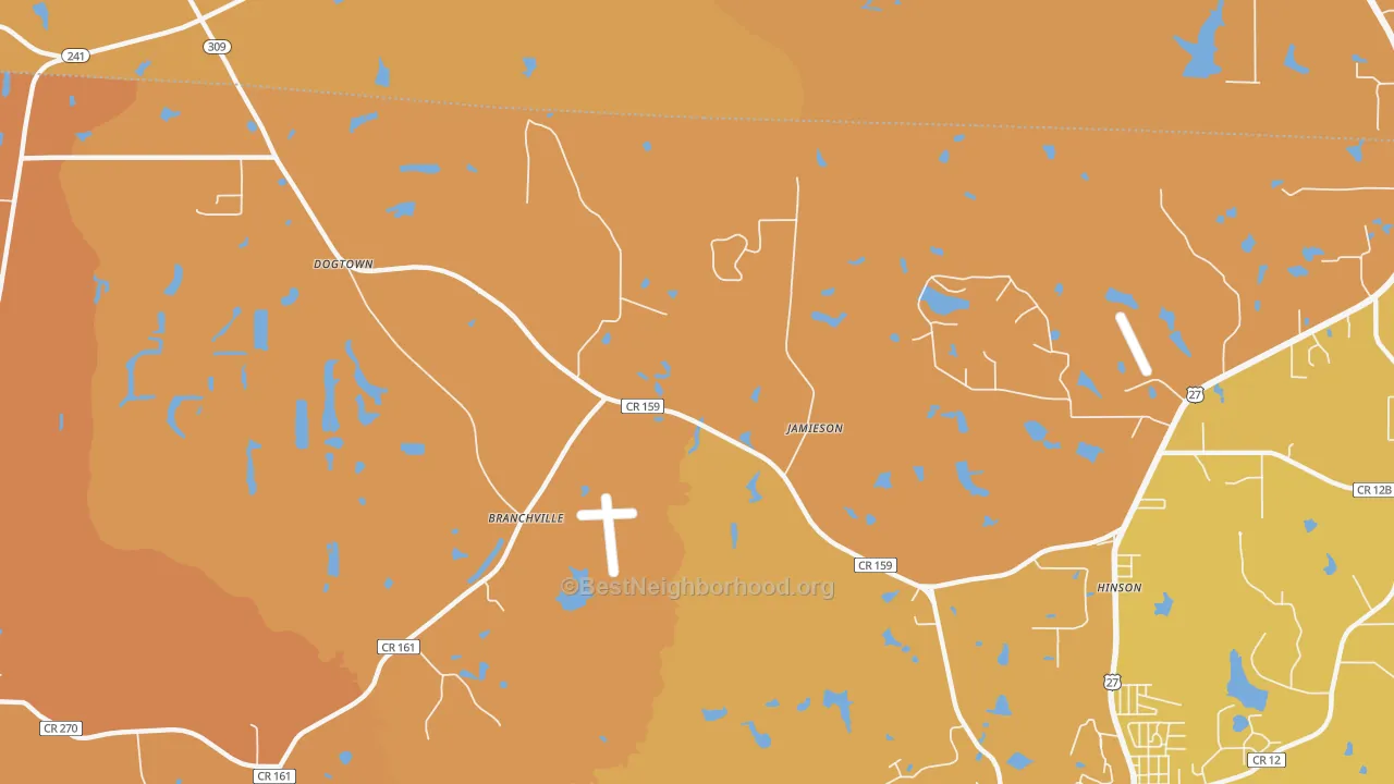Map of the best neighborhoods in the Hinson area, with better matches in green and worse matches in red