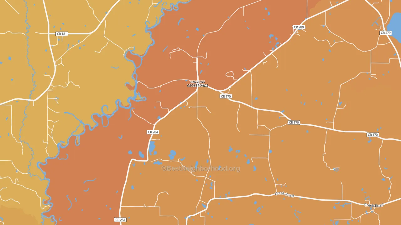 Map of the best neighborhoods in the Hinsons Crossroads area, with better matches in green and worse matches in red
