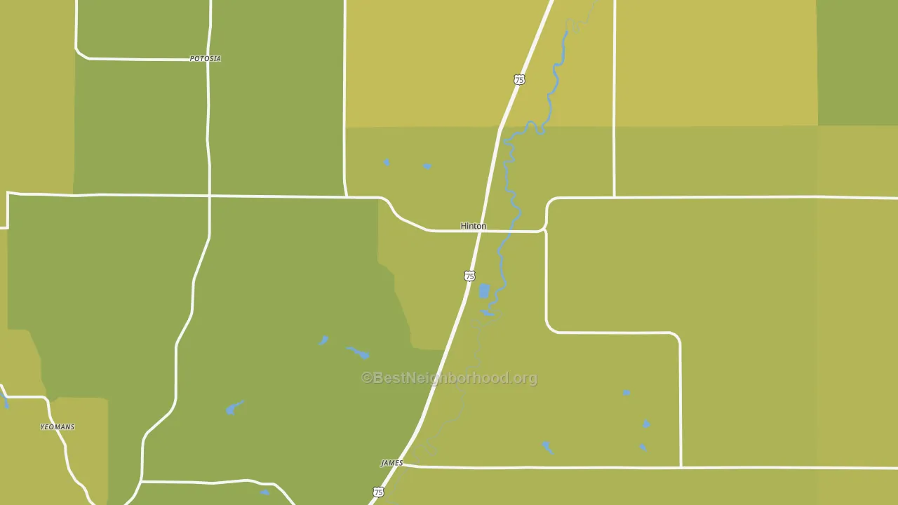 Map of the best neighborhoods in the Hinton area, with better matches in green and worse matches in red
