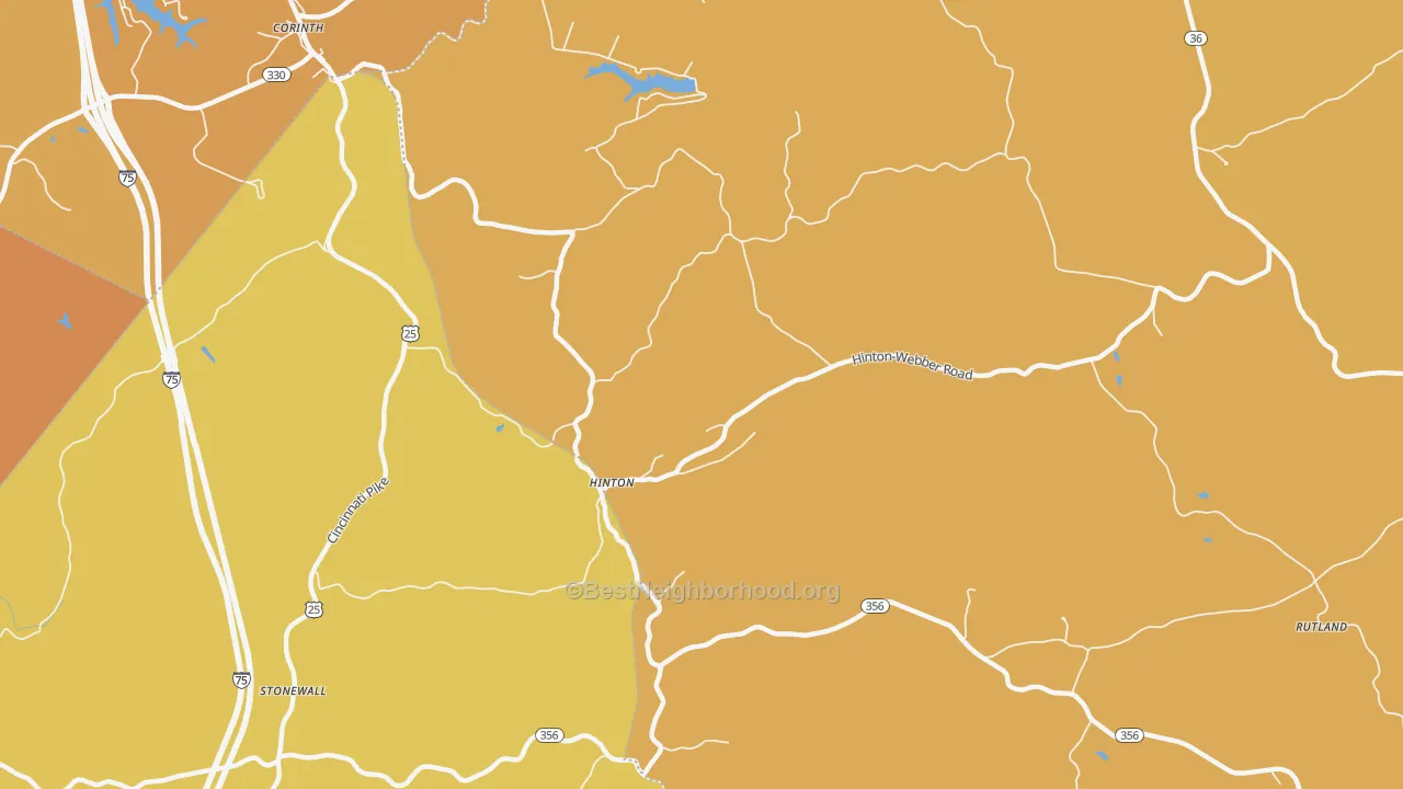 Map of the best neighborhoods in the Hinton area, with better matches in green and worse matches in red
