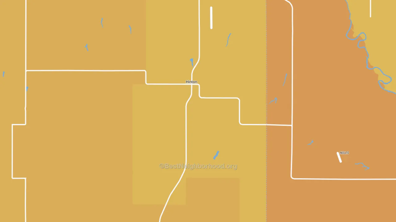 Map of the best neighborhoods in the Hinton area, with better matches in green and worse matches in red