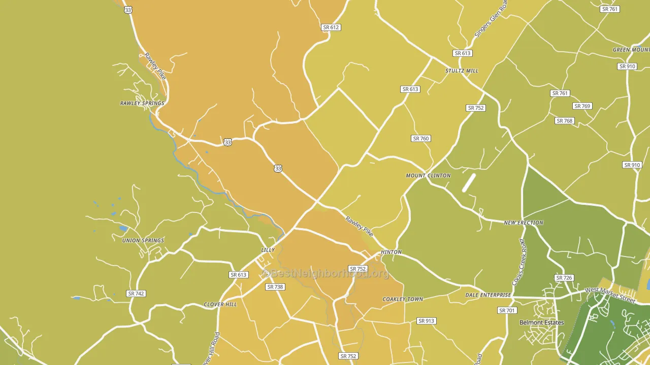 Map of the best neighborhoods in the Hinton area, with better matches in green and worse matches in red