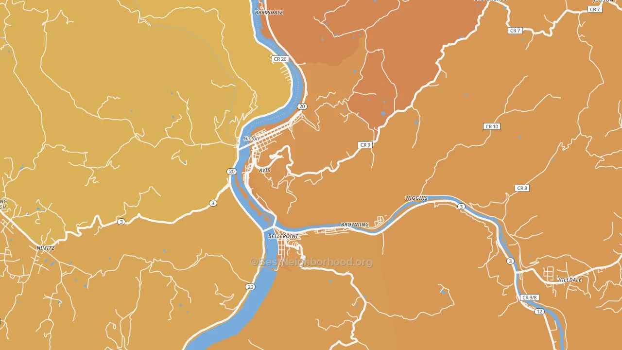 Map of the best neighborhoods in the Hinton area, with better matches in green and worse matches in red