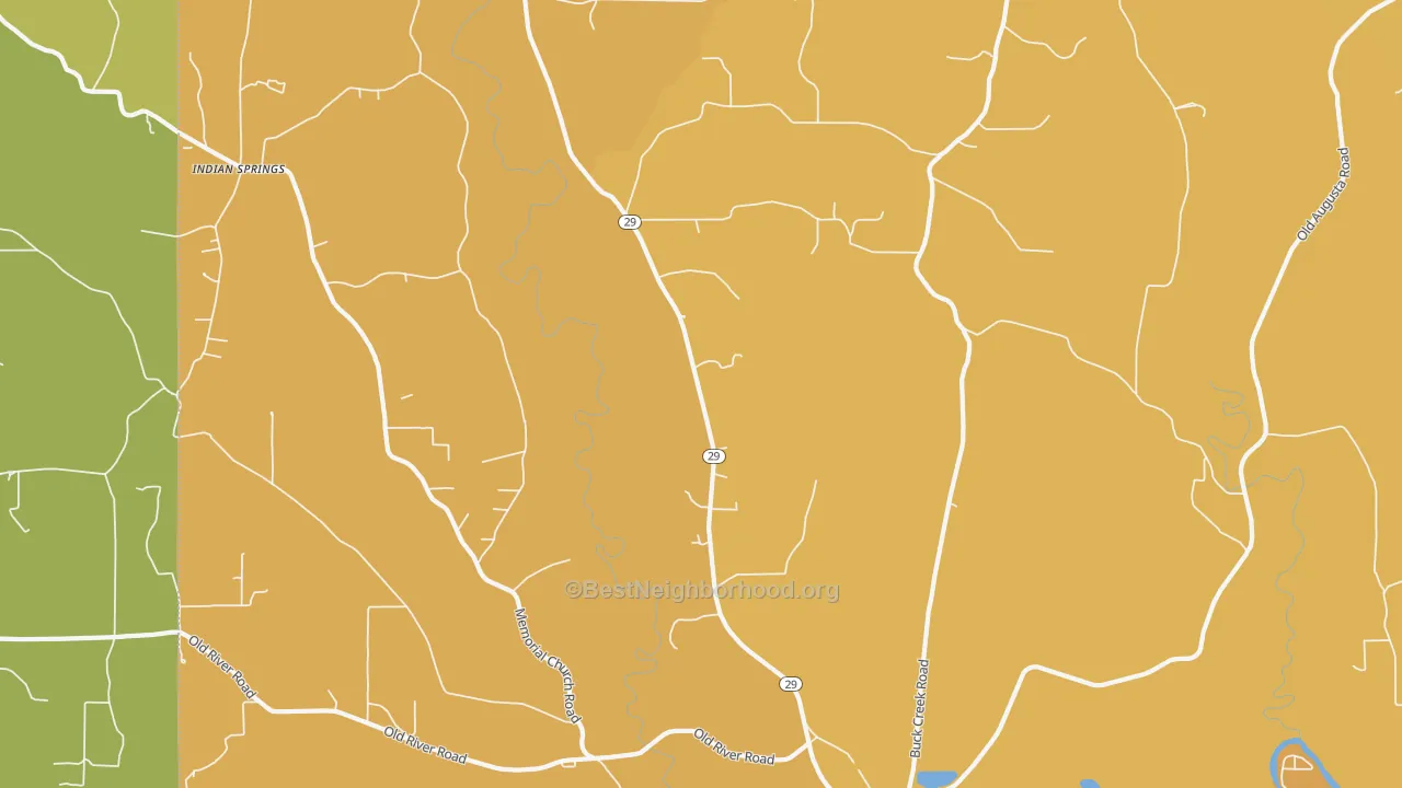 Map of the best neighborhoods in the Hintonville area, with better matches in green and worse matches in red