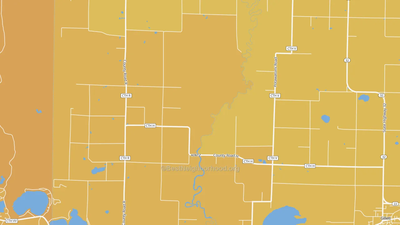 Map of the best neighborhoods in the Hintz area, with better matches in green and worse matches in red
