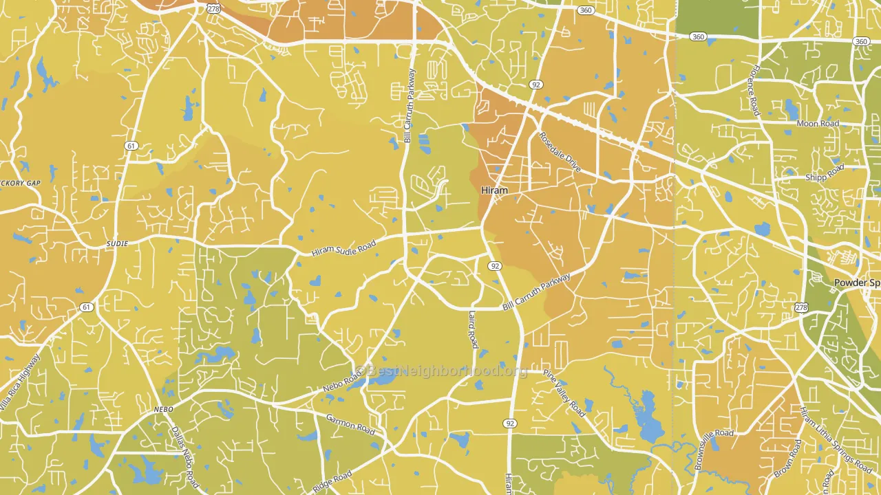Map of the best neighborhoods in the Hiram area, with better matches in green and worse matches in red