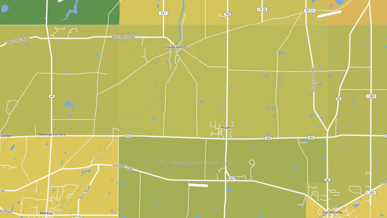 Map of the best neighborhoods in the Hiram area, with better matches in green and worse matches in red