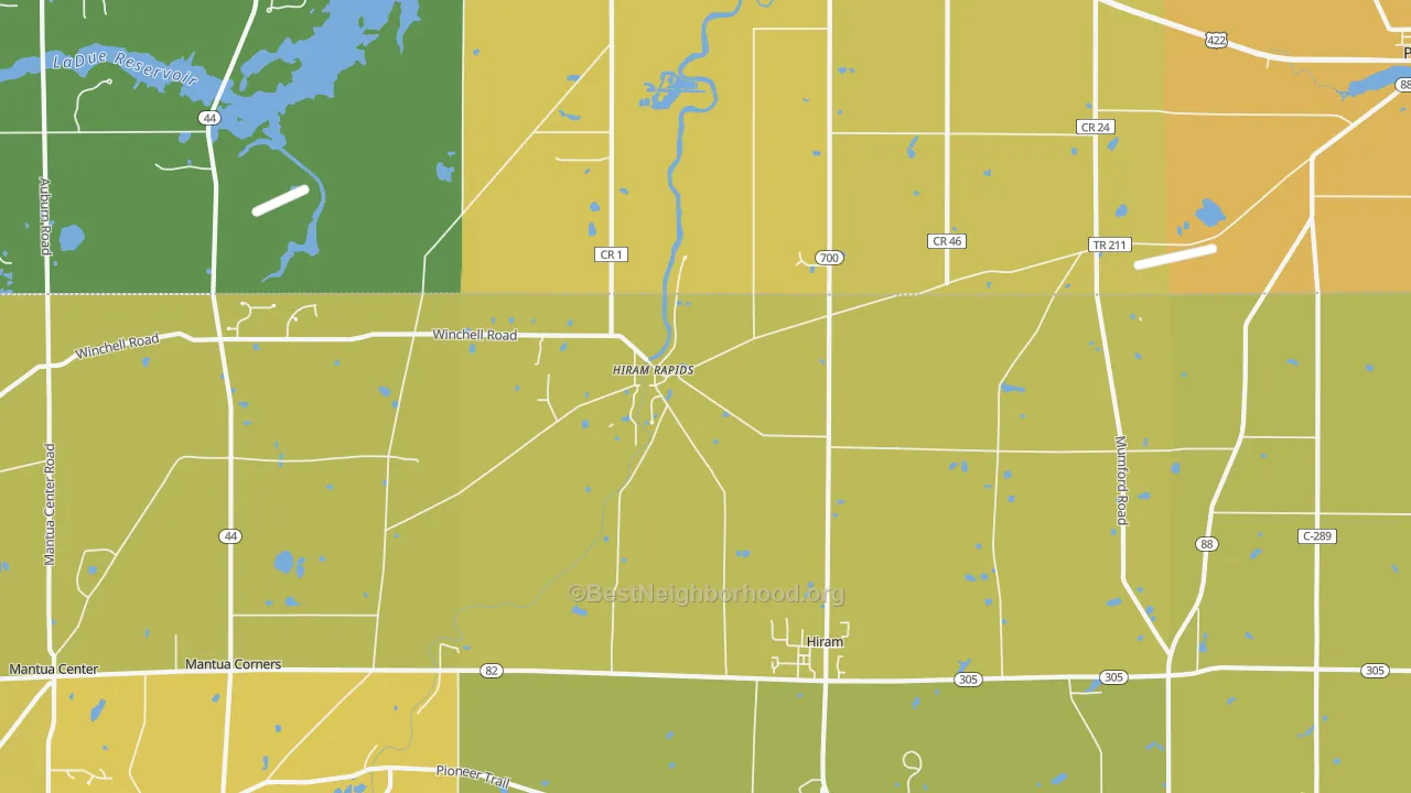 Map of the best neighborhoods in the Hiram Rapids area, with better matches in green and worse matches in red