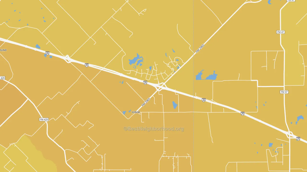 Map of the best neighborhoods in the Hiram area, with better matches in green and worse matches in red