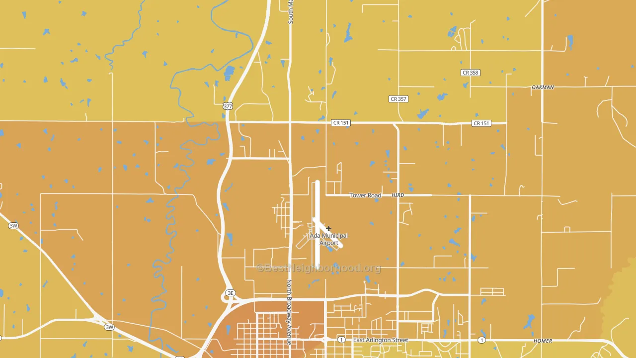 Map of the best neighborhoods in the Hird area, with better matches in green and worse matches in red