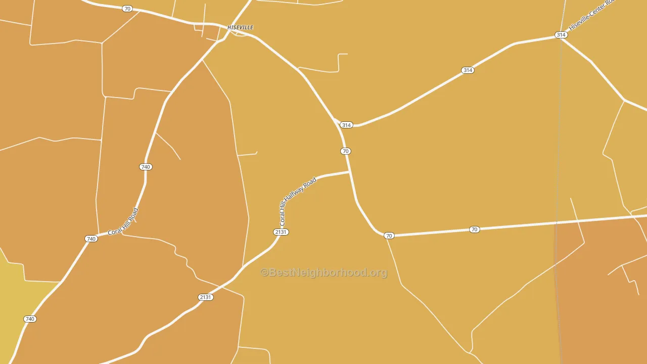 Map of the best neighborhoods in the Hiseville area, with better matches in green and worse matches in red