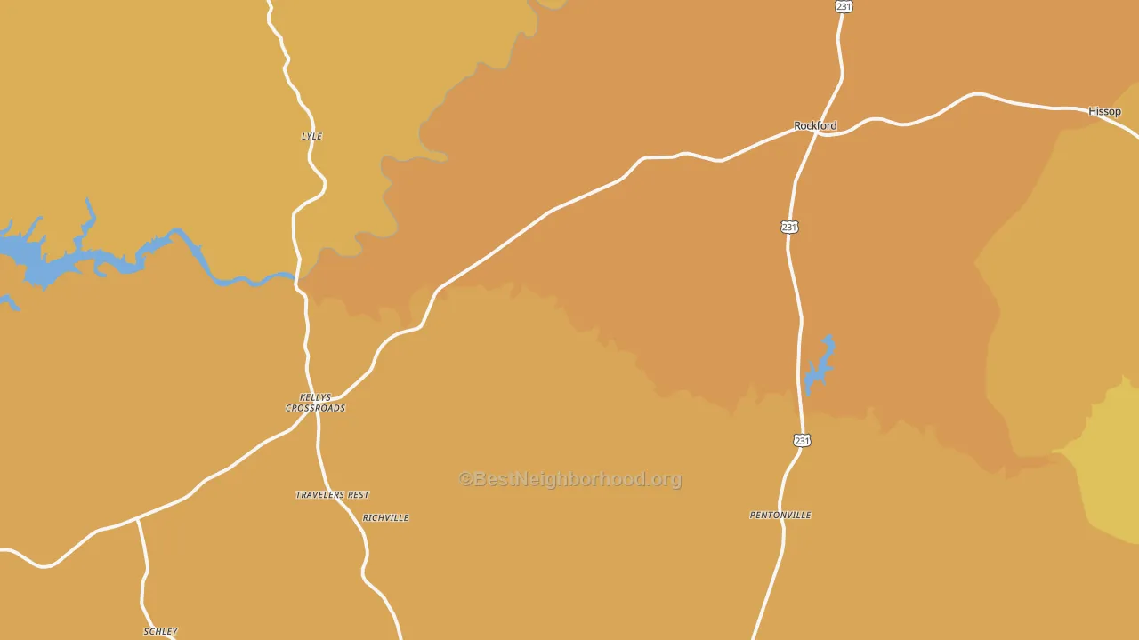 Map of the best neighborhoods in the Hissop area, with better matches in green and worse matches in red