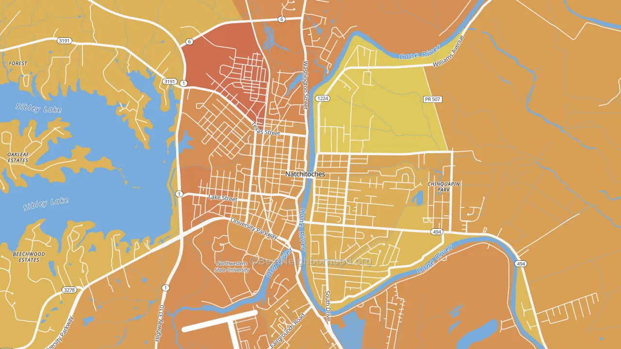 Map of the best neighborhoods in the Historic District, Natchitoches area, with better matches in green and worse matches in red