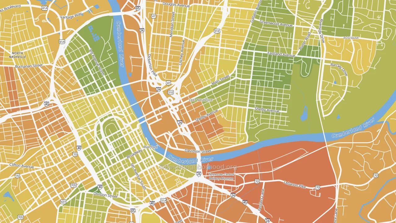 Map of the best neighborhoods in the Historic Edgefield, Nashville area, with better matches in green and worse matches in red