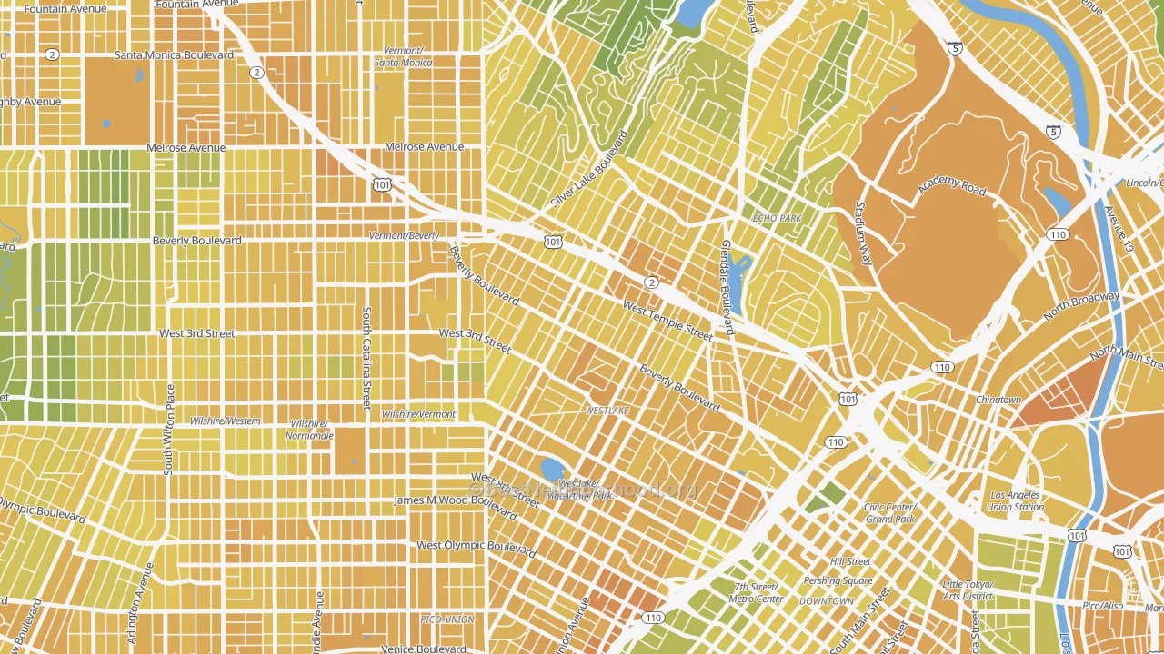Map of the best neighborhoods in the Historic Filipinotown, Los Angeles area, with better matches in green and worse matches in red