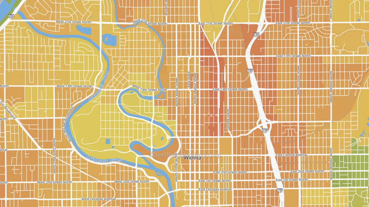 Map of the best neighborhoods in the Historic Midtown, Wichita area, with better matches in green and worse matches in red
