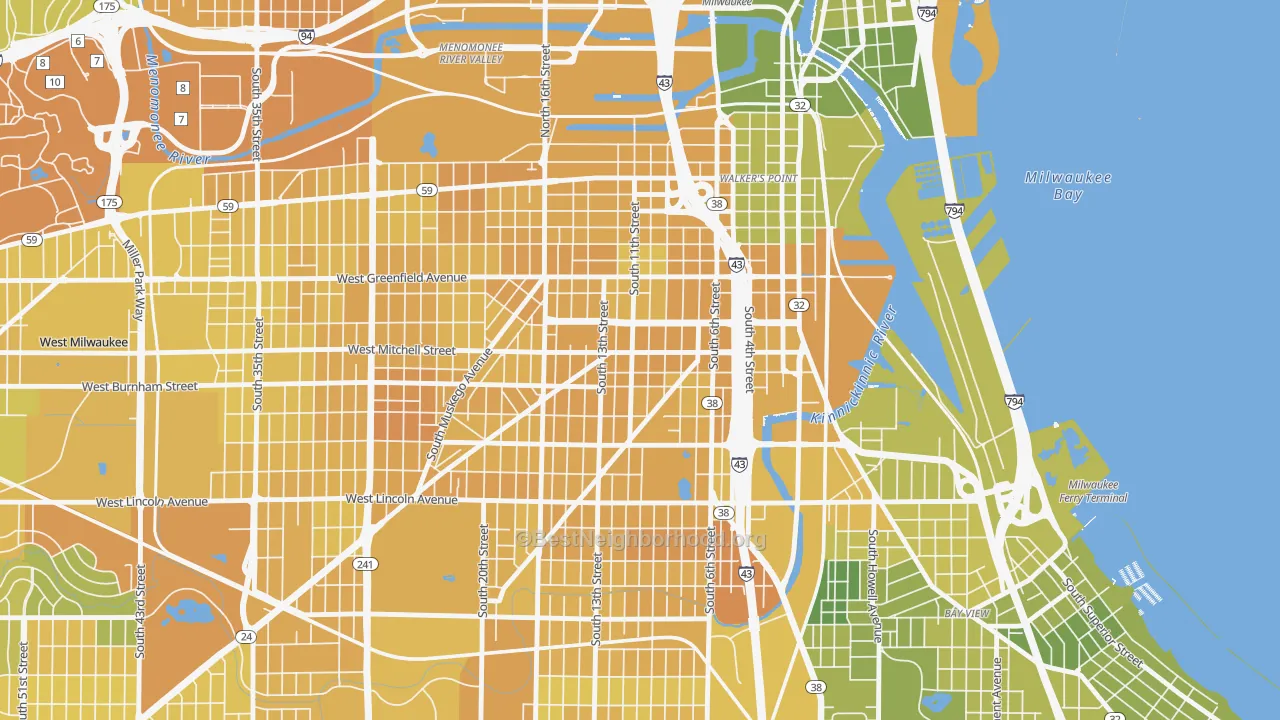 Map of the best neighborhoods in the Historic Mitchell Street, Milwaukee area, with better matches in green and worse matches in red