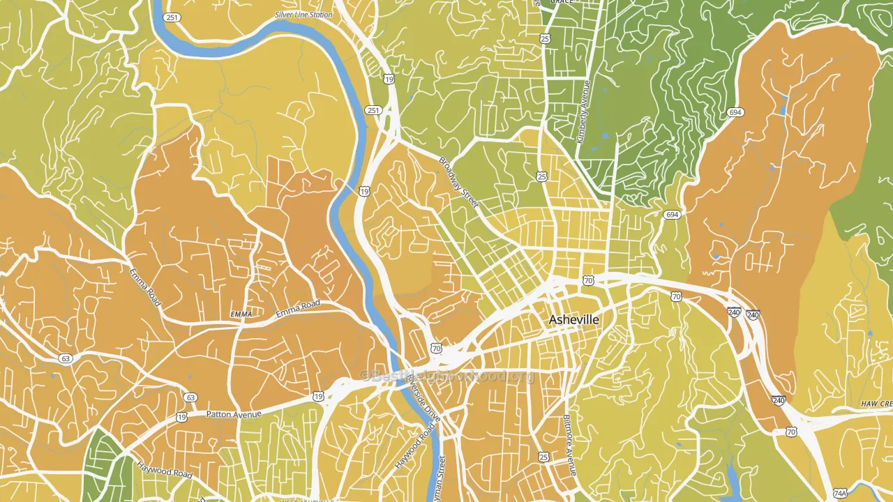 Map of the best neighborhoods in the Historic Montford, Asheville area, with better matches in green and worse matches in red