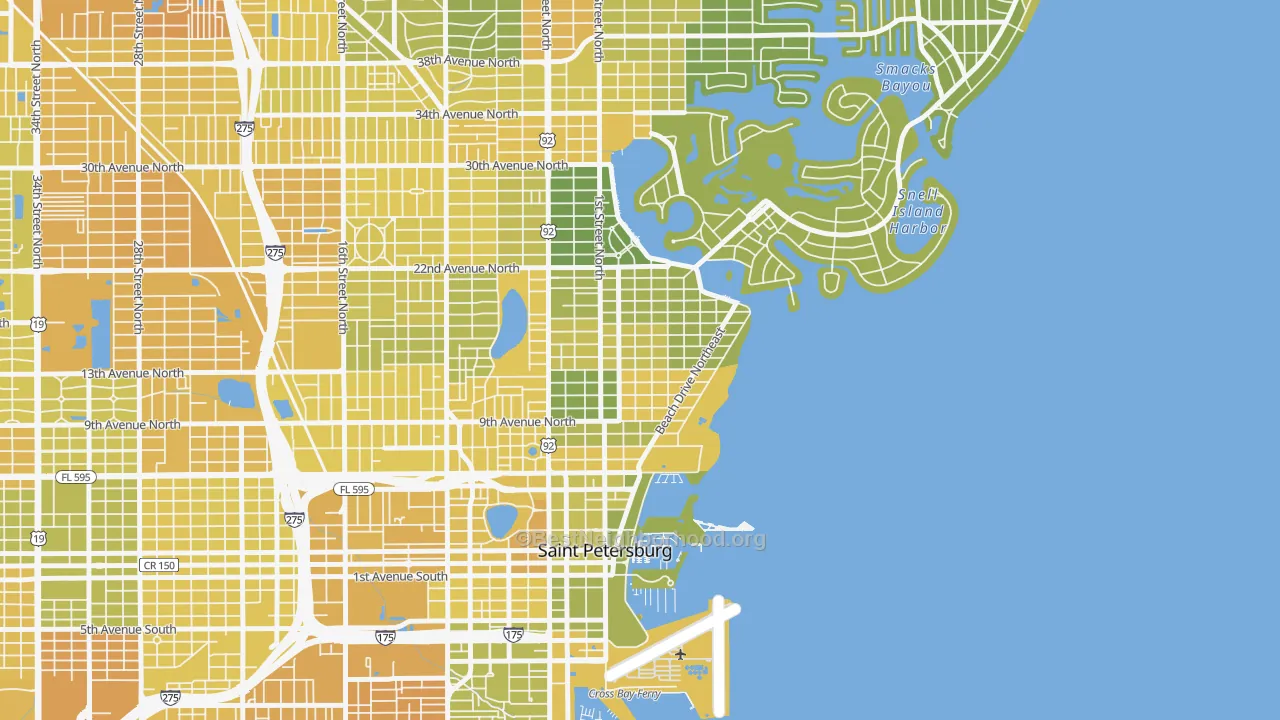 Map of the best neighborhoods in the Historic Old Northeast, St. Petersburg area, with better matches in green and worse matches in red