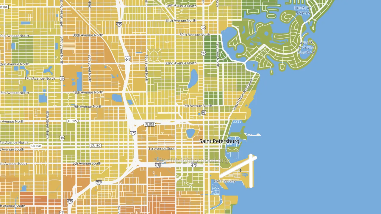 Map of the best neighborhoods in the Historic Uptown, St. Petersburg area, with better matches in green and worse matches in red