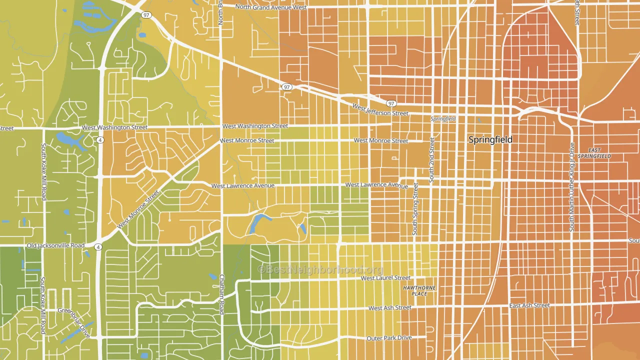 Map of the best neighborhoods in the Historic West-Side, Springfield area, with better matches in green and worse matches in red