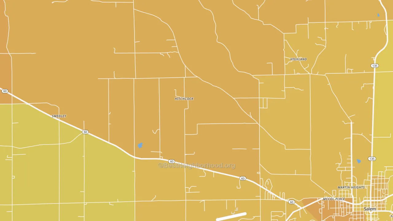 Map of the best neighborhoods in the Hitchcock area, with better matches in green and worse matches in red