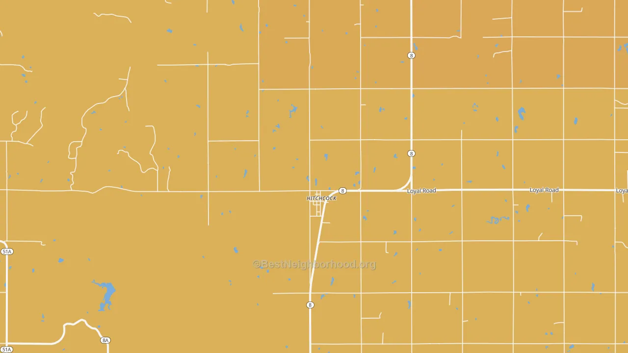 Map of the best neighborhoods in the Hitchcock area, with better matches in green and worse matches in red