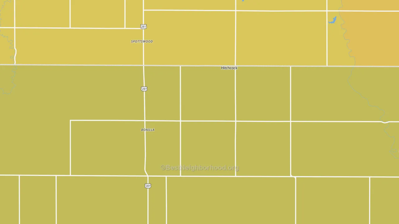 Map of the best neighborhoods in the Hitchcock area, with better matches in green and worse matches in red