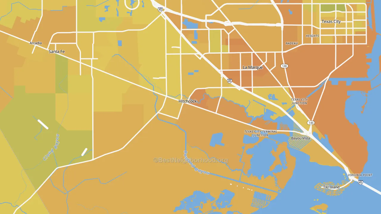 Map of the best neighborhoods in the Hitchcock area, with better matches in green and worse matches in red