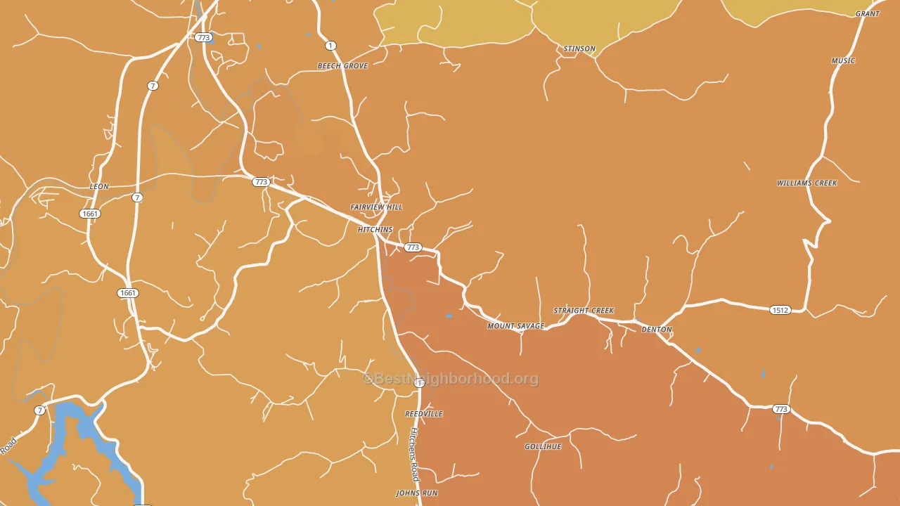 Map of the best neighborhoods in the Hitchins area, with better matches in green and worse matches in red
