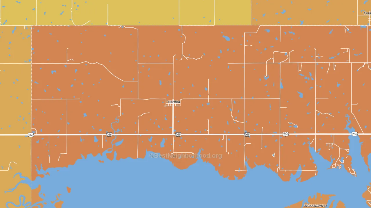 Map of the best neighborhoods in the Hitchita area, with better matches in green and worse matches in red